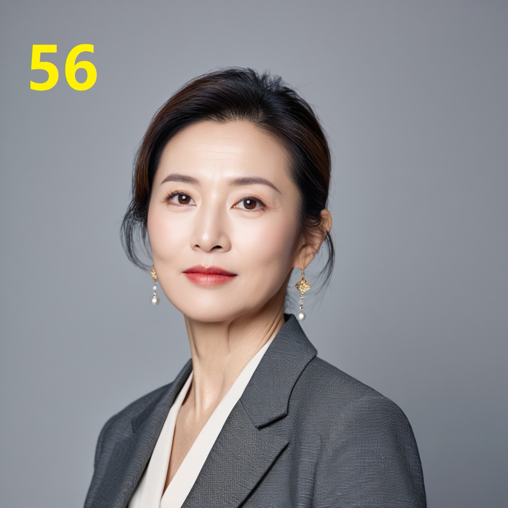 leogirl,A 56-year-old woman,portrait photo,facial focus,photo taken,fashionable and simple,Chinese ethnicity,soft gray background,natural lighting,high-resolution clarity,contemporary portrait,gentle,fashionable and avant-garde,simple accessories,details with strong contrast between skin color and neutral background,looking at the audience,