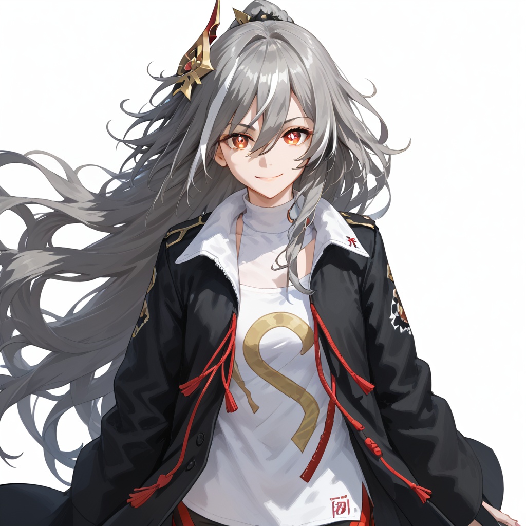 (white background:1.2),looking at viewer,(SOLO:1.4),outline,simple background,upper body, cowboy shot,looking at viewer,(((arms at side))),   fu hua,senti,long hair,bangs,hair ornament,red eyes,hair between eyes,smile, multicolored hair,streaked hair,white hair,gray hair,yellow pupils,diamond shaped pupils,autumn leaves,black jacket,black footwear,thighs,messy hair,jacket<lora:naicha-pony:0.8>