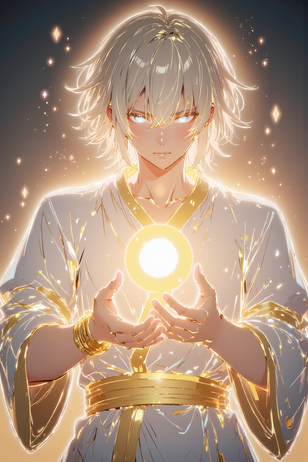 Martial Art Style, an extremely handsome young man in a white robe using magic power, holding a glowing yellow magic orb in hands