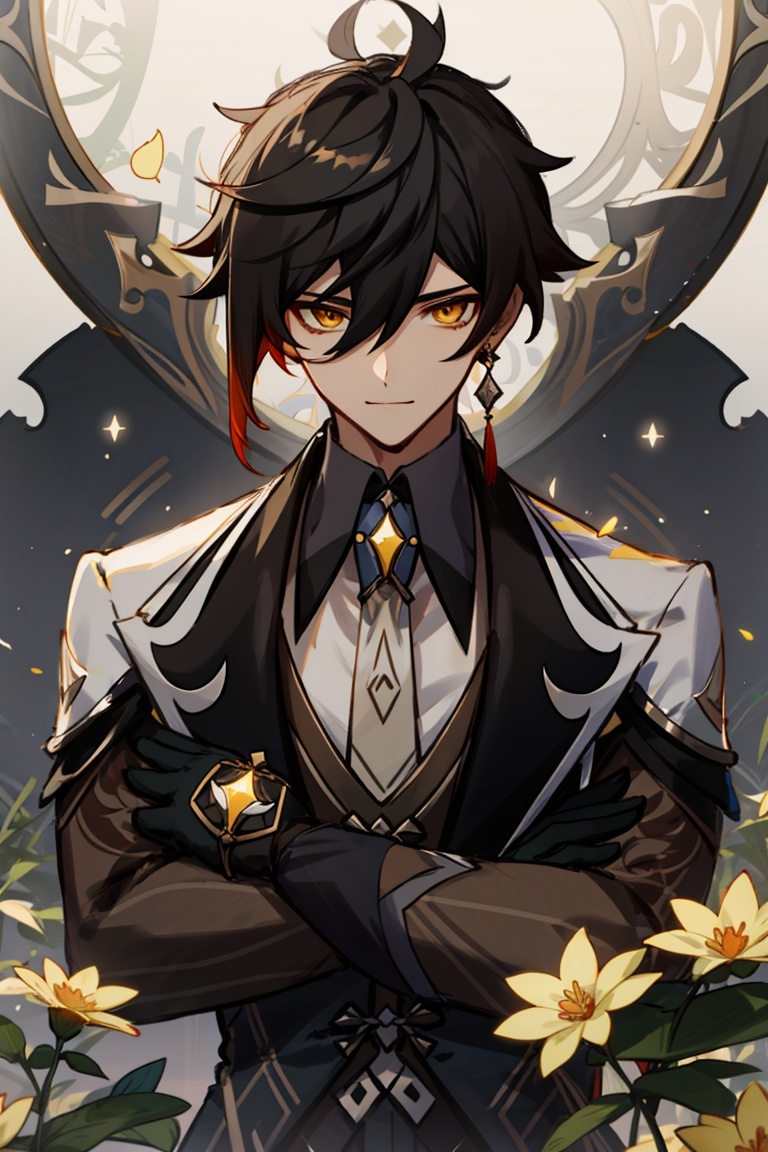 <lora:output_zhongli:0.6>,zhongli (genshin impact),1boy,male focus,gloves,brown hair,solo,bangs,long hair,black gloves,jewelry,single earring,hair between eyes,earrings,multicolored hair,flower,long sleeves,gradient hair,ponytail,tassel,closed mouth,jacket,tassel earrings,black hair,necktie,crossed arms,formal,yellow eyes,suit,yellow flower,white necktie,smile,collared shirt,