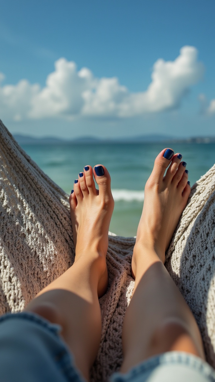 Lying in a hammock,  her feet dangle over the side,  her deep blue toenail polish reflecting the bright sky. on Tensor.Art