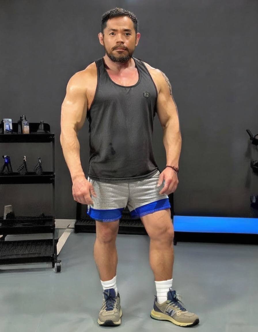 (score_9, realistic, score_8_up:1.3), score_7_up, raw, photo realistic,  HD,8K,beard, black hair, cnjipan, facial hair, looking at viewer, male focus, mature male, nude, pectorals, phone, realistic, shoes, short hair, sleeveless, solo <lora:SDXL_亚洲壮男CNJIPAN.ta:1>