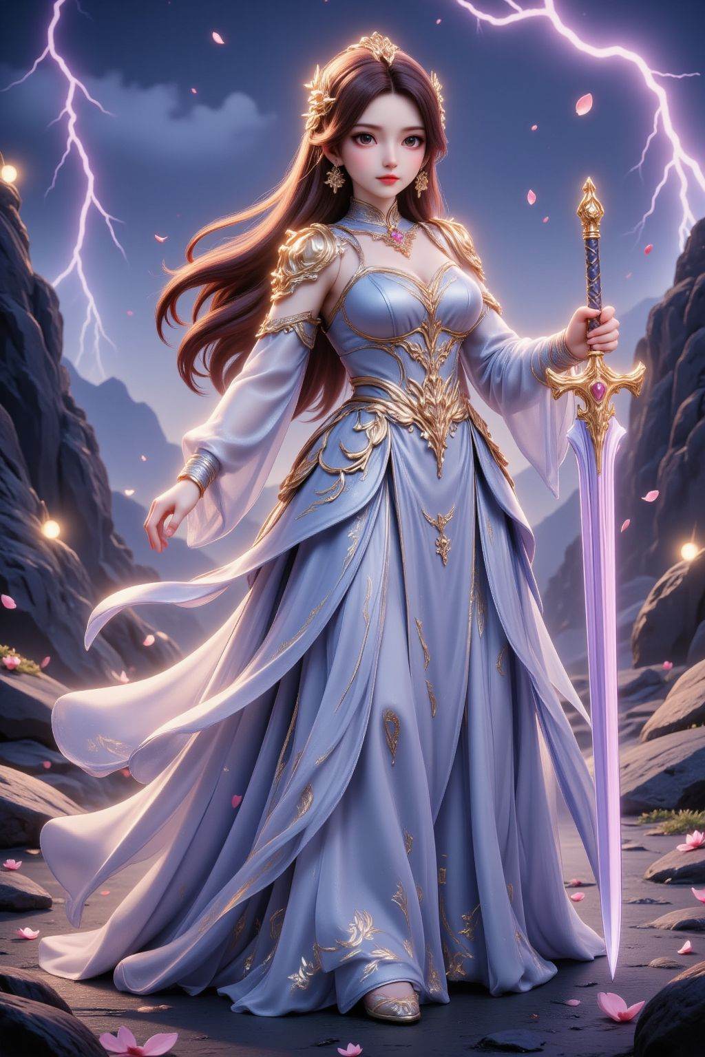 This is a highly detailed digital artwork featuring a fantastical,  otherworldly scene. The central figure is a woman of E...