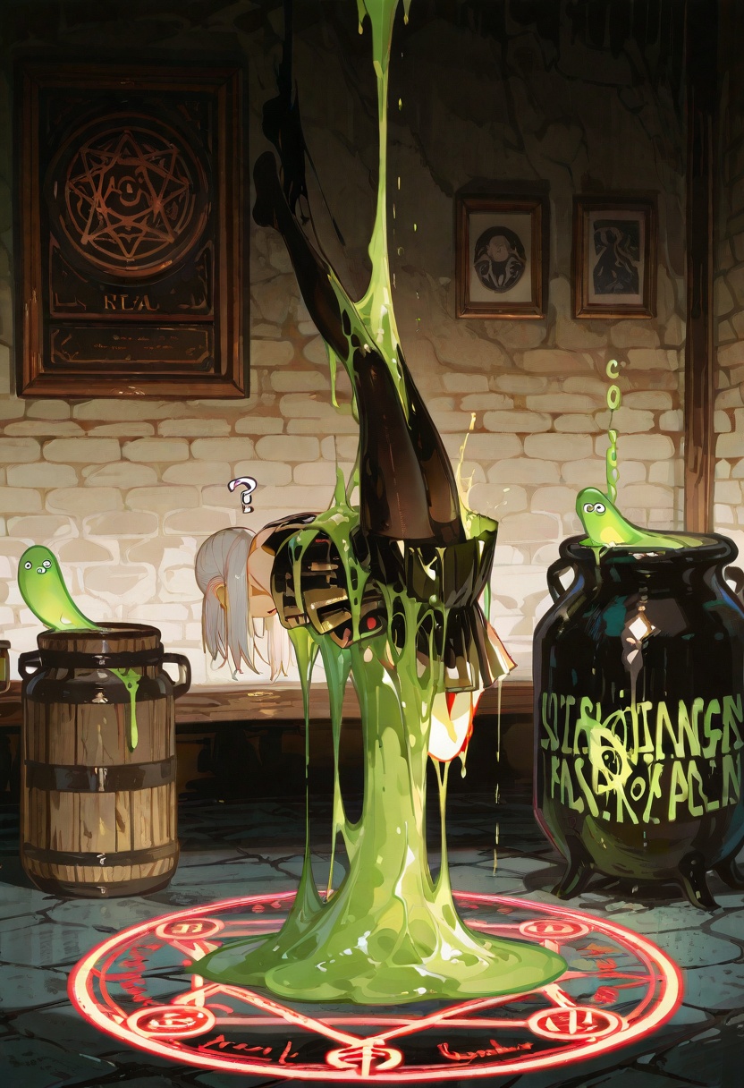ultra-detailed meme format,  Frieren's "I've made huge mistake" faceFrieren covered in exploding slime_potion,  black_pant...