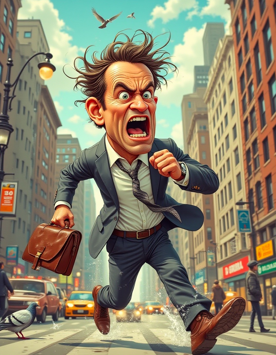 A humorous cartoon-style depiction of a businessman's frantic morning rush. The man,  dressed in a classic suit and tie,...