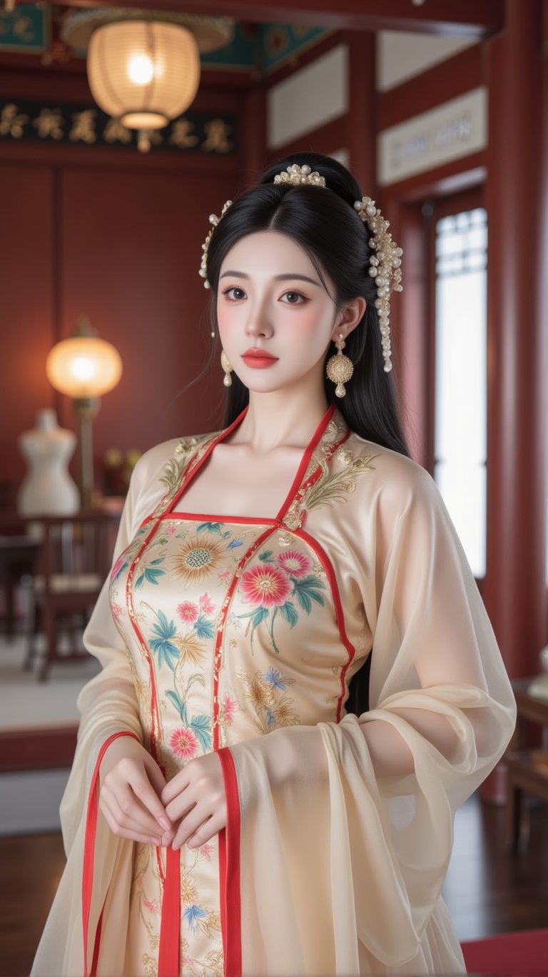 A serene woman adorns a majestic palace setting,  dressed in an exquisite ancient Chinese attire on Tensor.Art