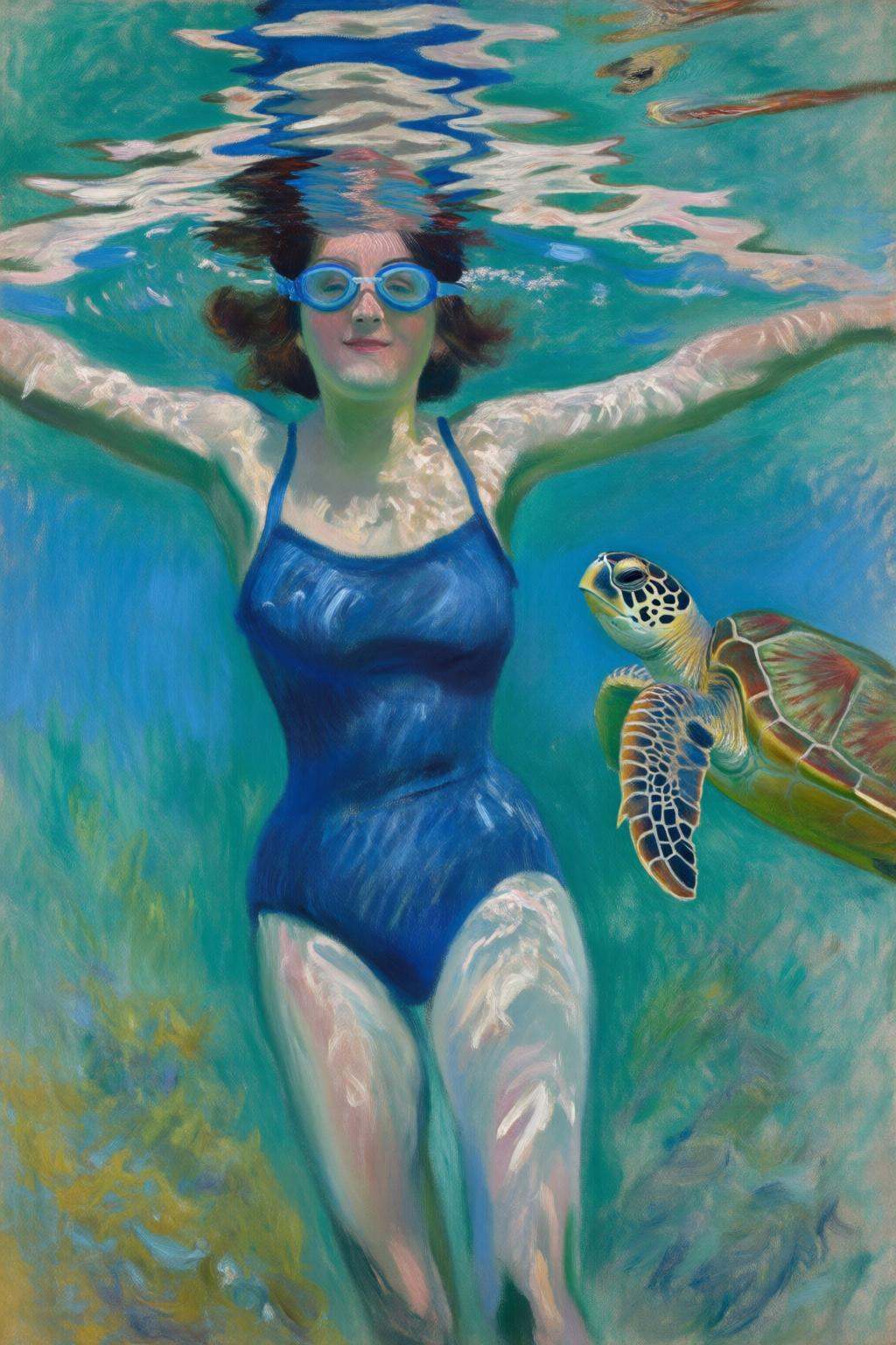 claudemonet2q painting. A woman swimming underwater. The woman is wearing a blue one piece swimsuit,  and she is wearing g...