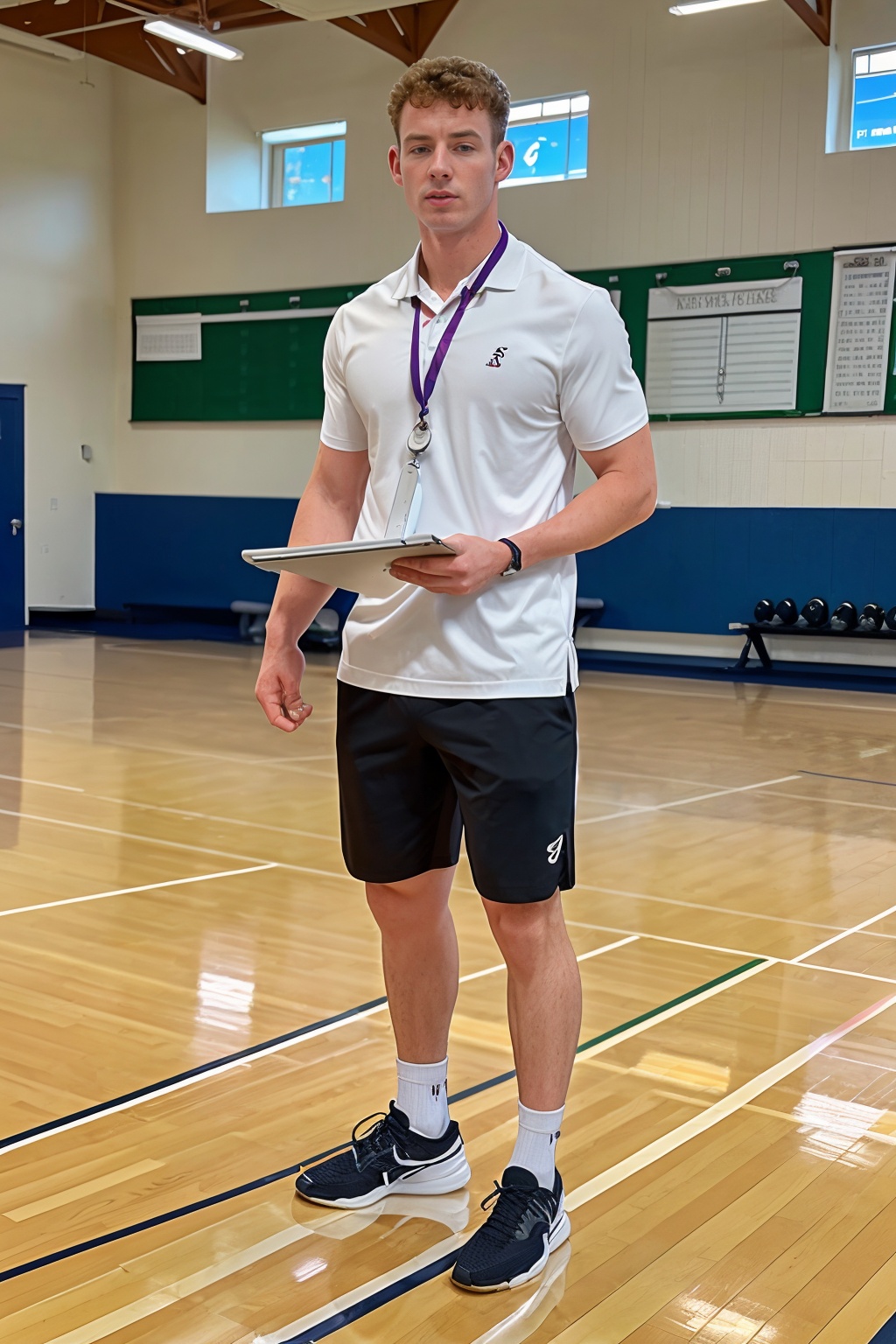 School gymnasium,  TomSutcliffe is a gym teacher,  wearing athletic polo shirt on Tensor.Art