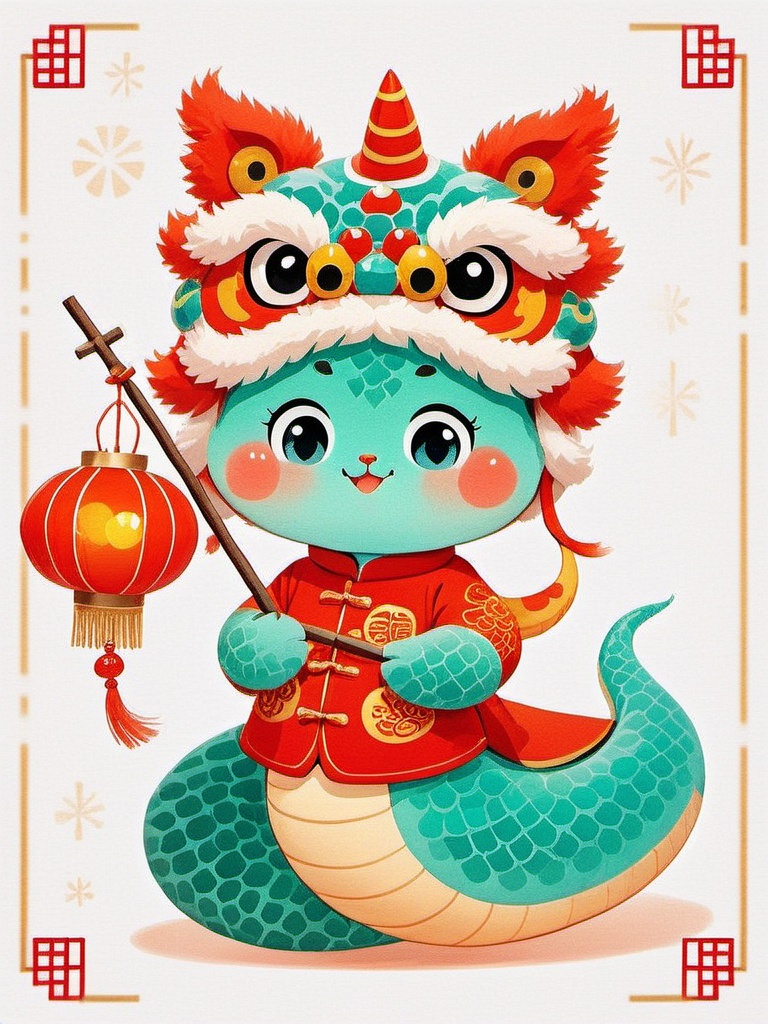 Lion dancing hats,shebaobao,It's a funky digital drawing of a cute,turquoise snake wearing a red and white dragon suit and a funky hat. He was carrying a dragon lantern with a small red beak in his mouth. The background is a cold,off-white atmosphere with some fancy Chinese-style borders.,,<lora:she_v1:0.8>