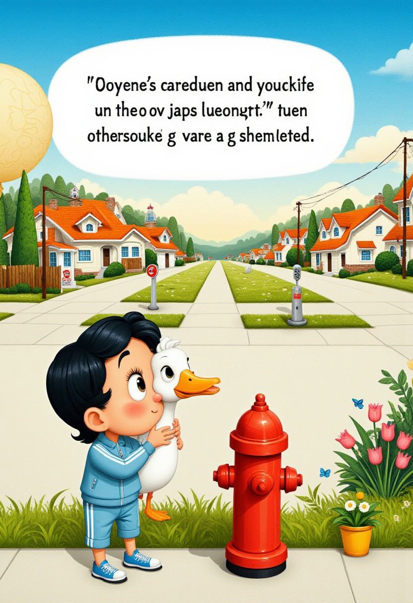 A text placeholder illustration in a child's book. a girl holding a goose next to a fire hydrant. the girl,  who appears t...