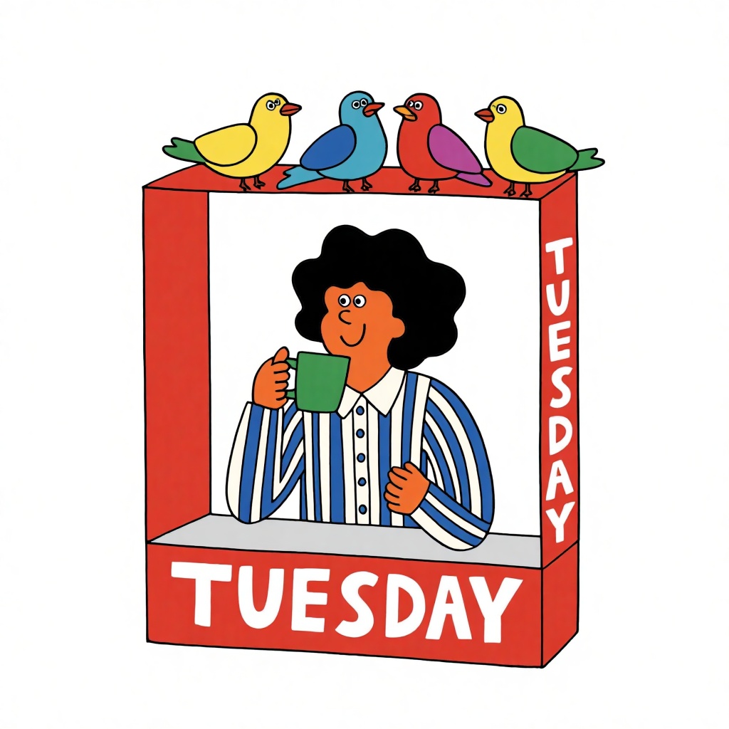 A whimsical digital drawing features a person with curly black hair,  wearing a blue and white striped shirt,  holding a g...