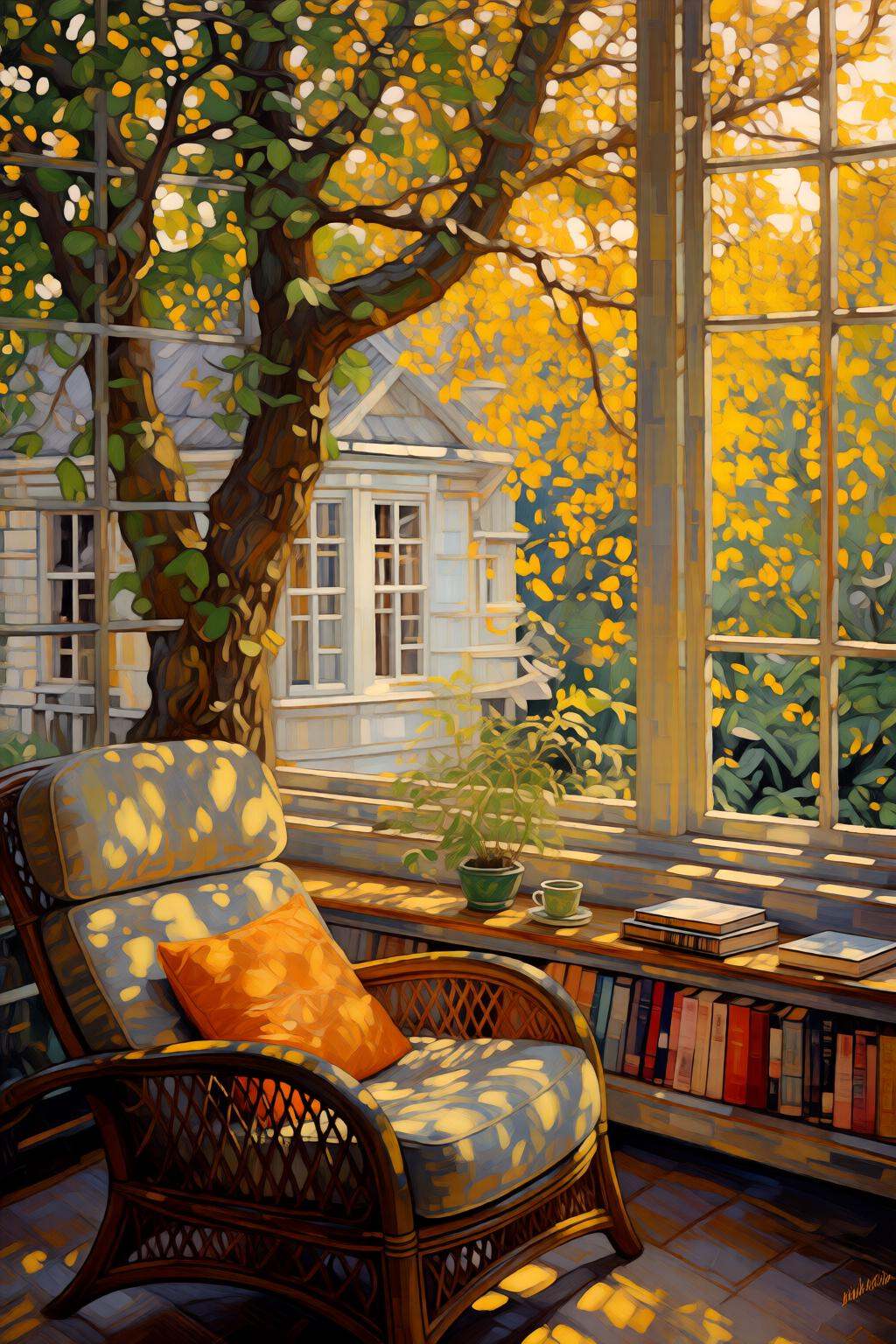 kaoruyamada2q painting. A cozy reading nook with a large window that offers an autumn view of trees with green and yellow...