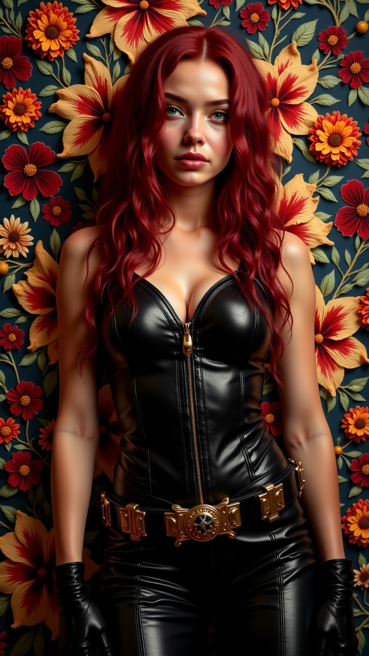 Millefleurs Tapestry of a Esmeralda cosplaying as Black Widow,  800mm lens,  aidmaimageupgrader on Tensor.Art
