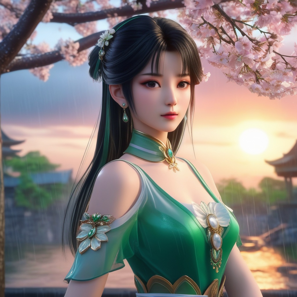 <lora:834-DA-XL-诛仙-碧瑶:0.8>, (,1girl, ,best quality, ),,  ,,ultra detailed 8k cg, ultra detailed background ,ultra realistic 8k cg,          cinematic lighting, cinematic bloom, (( , )),,  , unreal, science fiction,  luxury, jewelry, diamond, pearl, gem, sapphire, ruby, emerald, intricate detail, delicate pattern, charming, alluring, seductive, erotic, enchanting, hair ornament, necklace, earrings, bracelet, armlet,halo,masterpiece, (( , )),, realistic,science fiction,mole,   ,cherry blossoms,,(((Best quality, masterpiece, ultra high res, (photorealistic:1.4), raw photo, 1girl, ,rain, , sunlight, sunset, qianqiu wanxia,     )))  (cleavage),,  (),