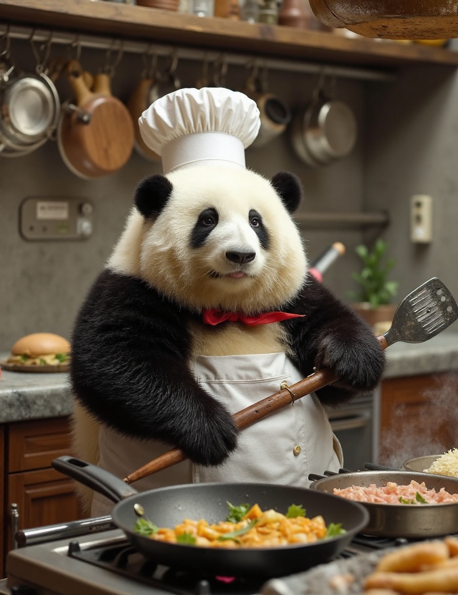 The image is a high-resolution photograph of a charming panda named Huahua,  depicted in a bustling kitchen setting. Huahu...