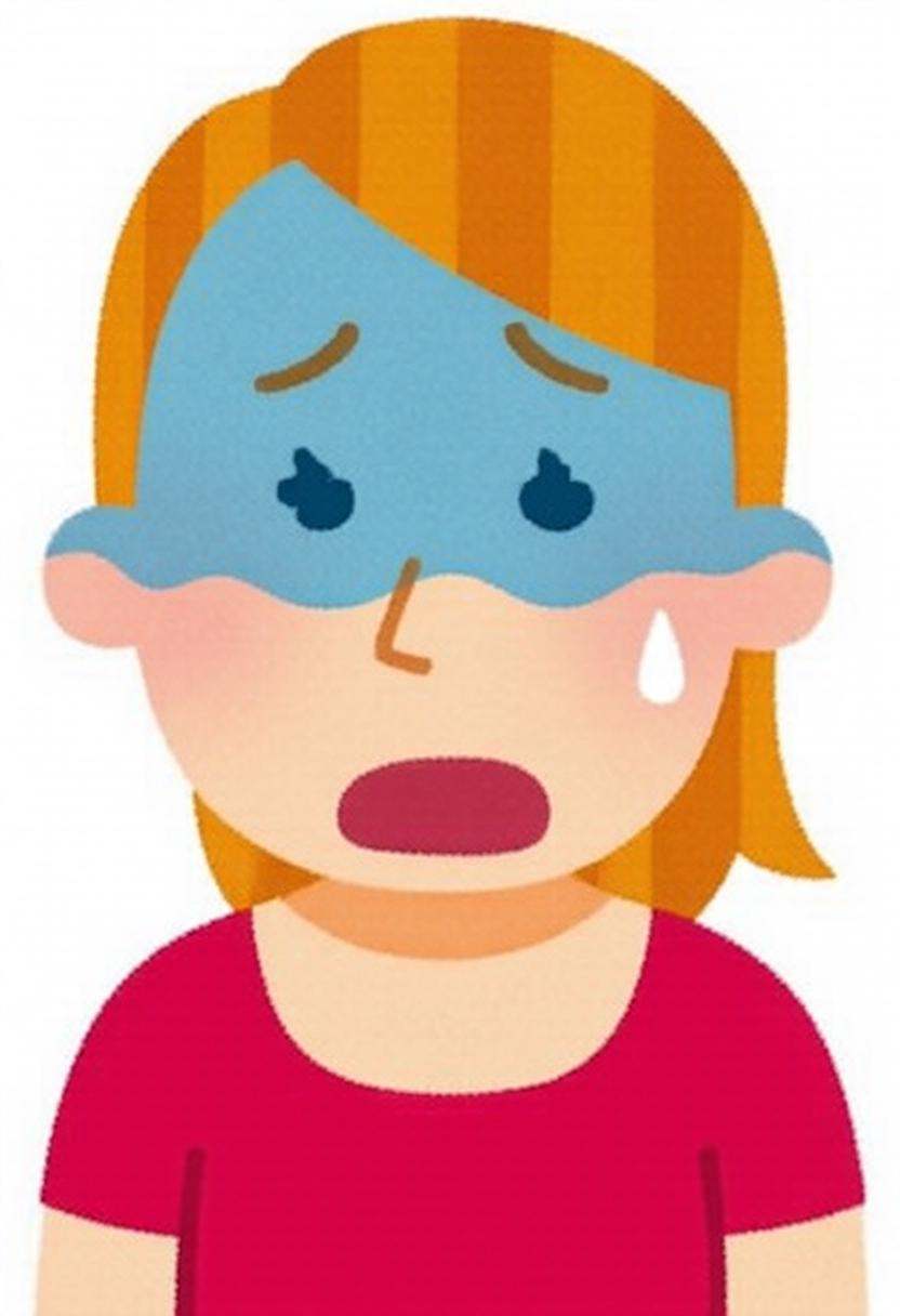 irasutoya3q illustration.A blonde woman wearing a red top has a blue,  wet-looking area covering part of her face,  indica...