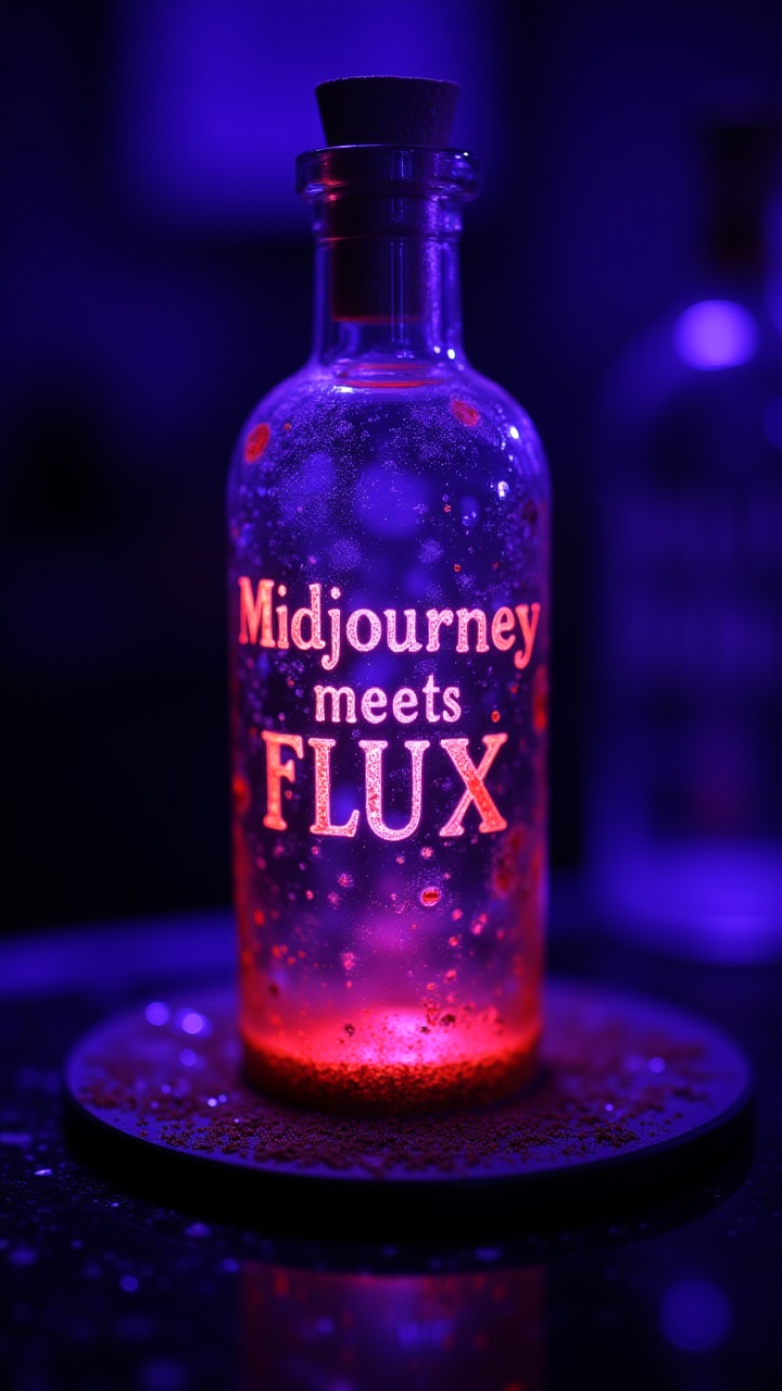 Fae Text made of Blood with Text:"Midjourney meets FLUX",  photograph,  Potion Glass case on Tensor.Art