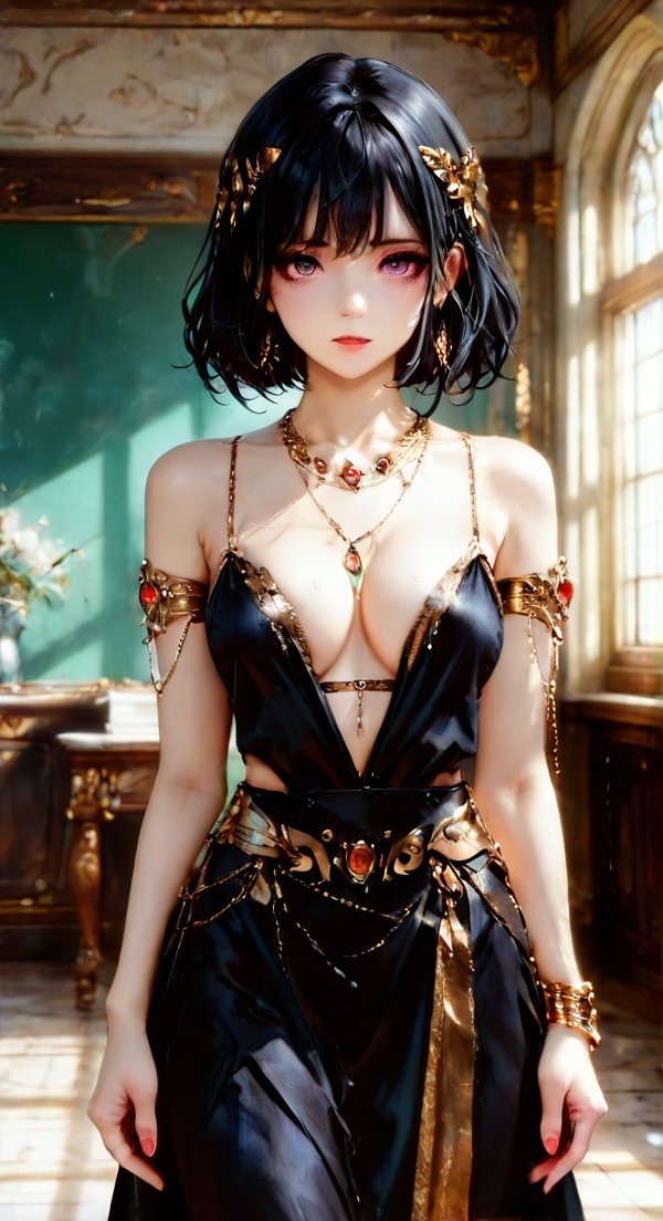 sexy-black-dress,  black hair,  bracelet on Tensor.Art