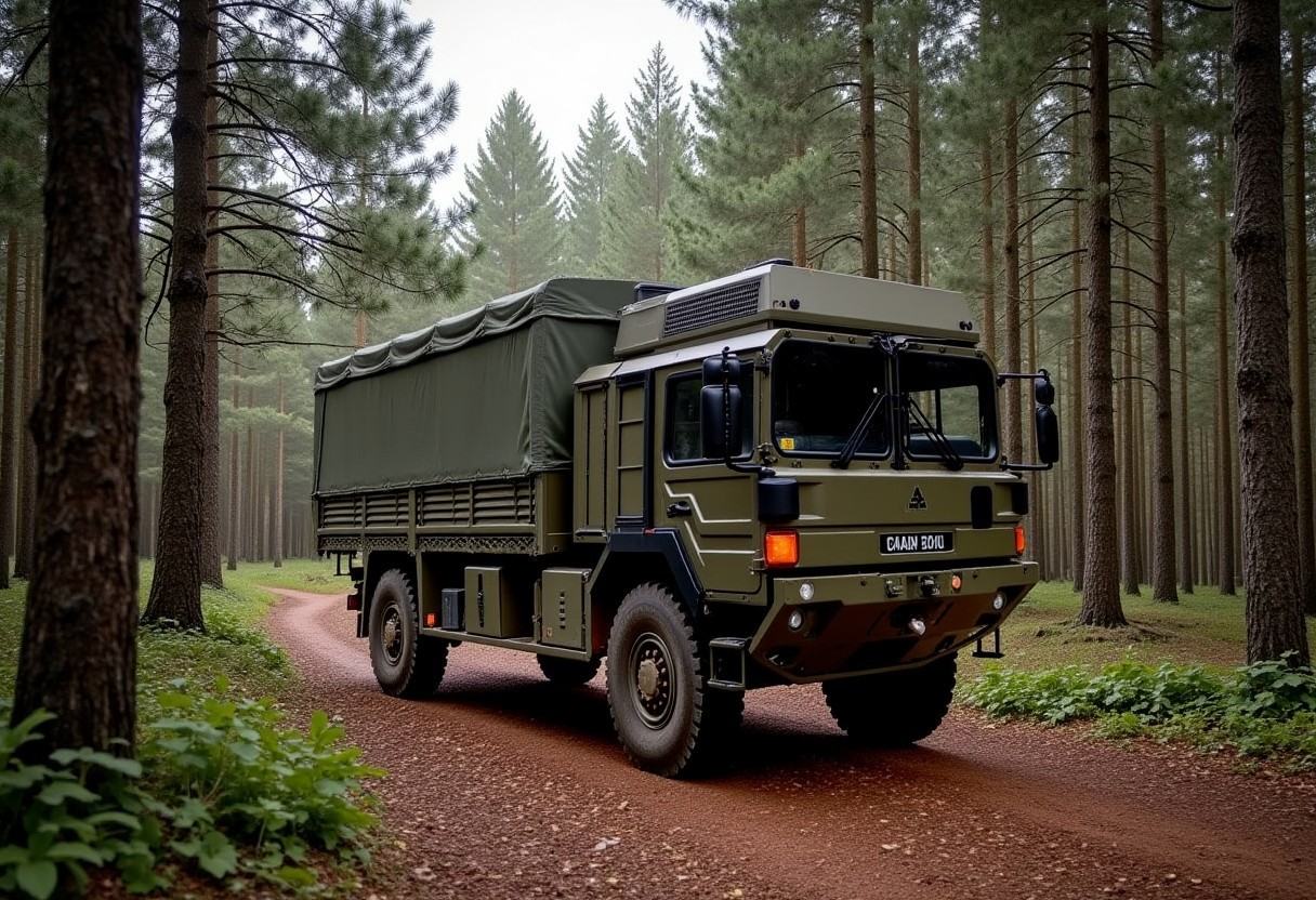 Army 'ManSV' 6t truck in a coniferous forest,  Man_SV_6t,  presumed matt olive_green on Tensor.Art