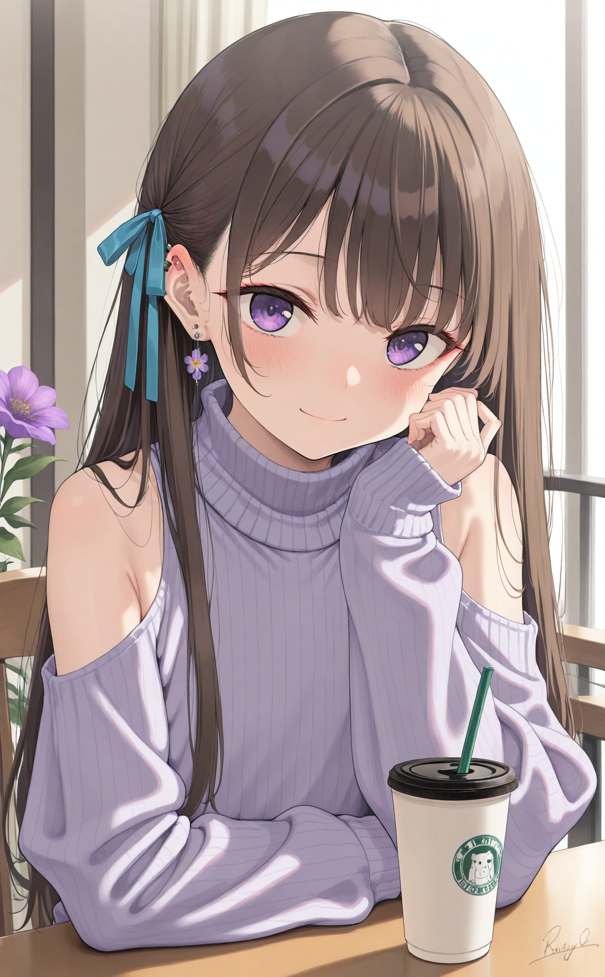 masterpiece,best quality,high quality,loli,1girl,solo,flower,shoulder cutout,purple eyes,looking at viewer,sweater,signature,clothing cutout,smile,hair ribbon,cup,long hair,drinking straw,long sleeves,sitting,brown hair,ribbon,closed mouth,chair,upper body,piercing,turtleneck,drink,hand up,ear piercing,table,blush,indoors,earrings,turtleneck sweater,arm rest,sleeves past wrists,blue ribbon,bare shoulders,purple sweater,disposable cup,ice,purple flower,
