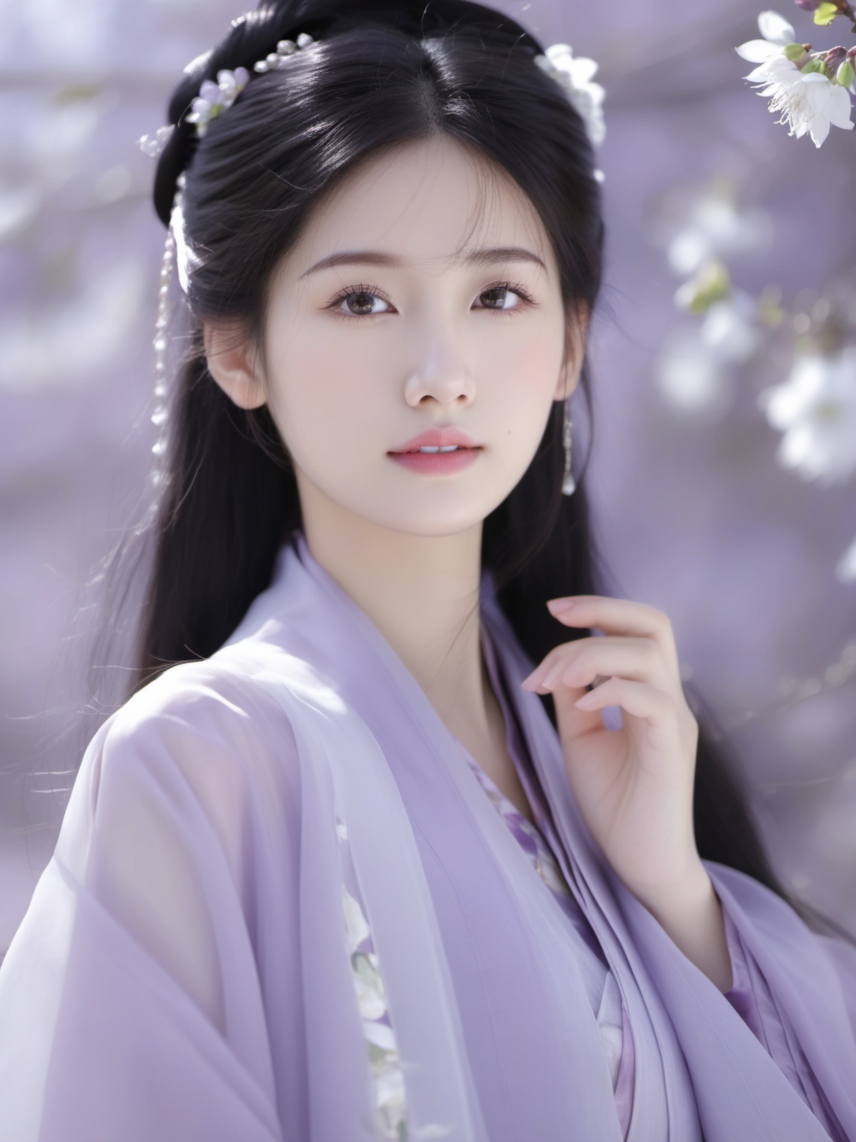 QIEMANCN, photograph of a beautiful girl,( in a purple dress), looking at viewer, (upper body ||full body:1.2), black hair, cotton material,holography,with white flowers in the background , (perfect eyes, beautiful face and black eyes:1.3, natural skin), (details:1.1), photorealistic, ultra realistic,32k,RAW photo, 8k uhd, dslr, high quality, film grain, 