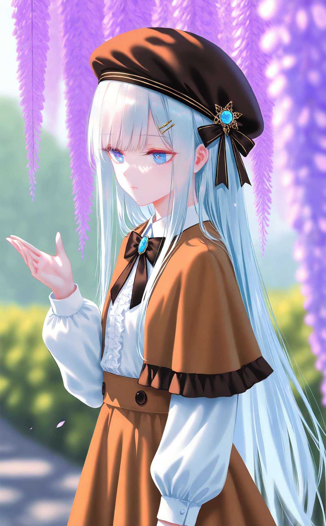 masterpiece,best quality,high quality,loli,[Artist:wlop],[[Artist:sheya]],Artist:hiten_(hitenkei),1girl,solo,long hair,hat,blue eyes,long sleeves,hair ornament,flower,skirt,shirt,wisteria,white shirt,beret,very long hair,brooch,brown headwear,brown skirt,closed mouth,white hair,puffy sleeves,frills,blue hair,outdoors,bow,hand up,black headwear,ribbon,puffy long sleeves,blurry,brown capelet,