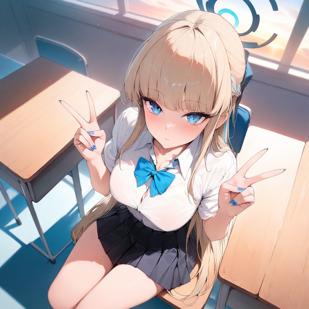 masterpiece, best quality, very aesthetic, ultra detailed,1girl, solo, overhead_view, <lora:tokiANILION-000016:0.8>, unitoki, toki, black pleated skirt, school uniform, white shirt, blue nails, looking at viewer, indoors, sunset, classroom, school desk, on chair, sitting, double v, 