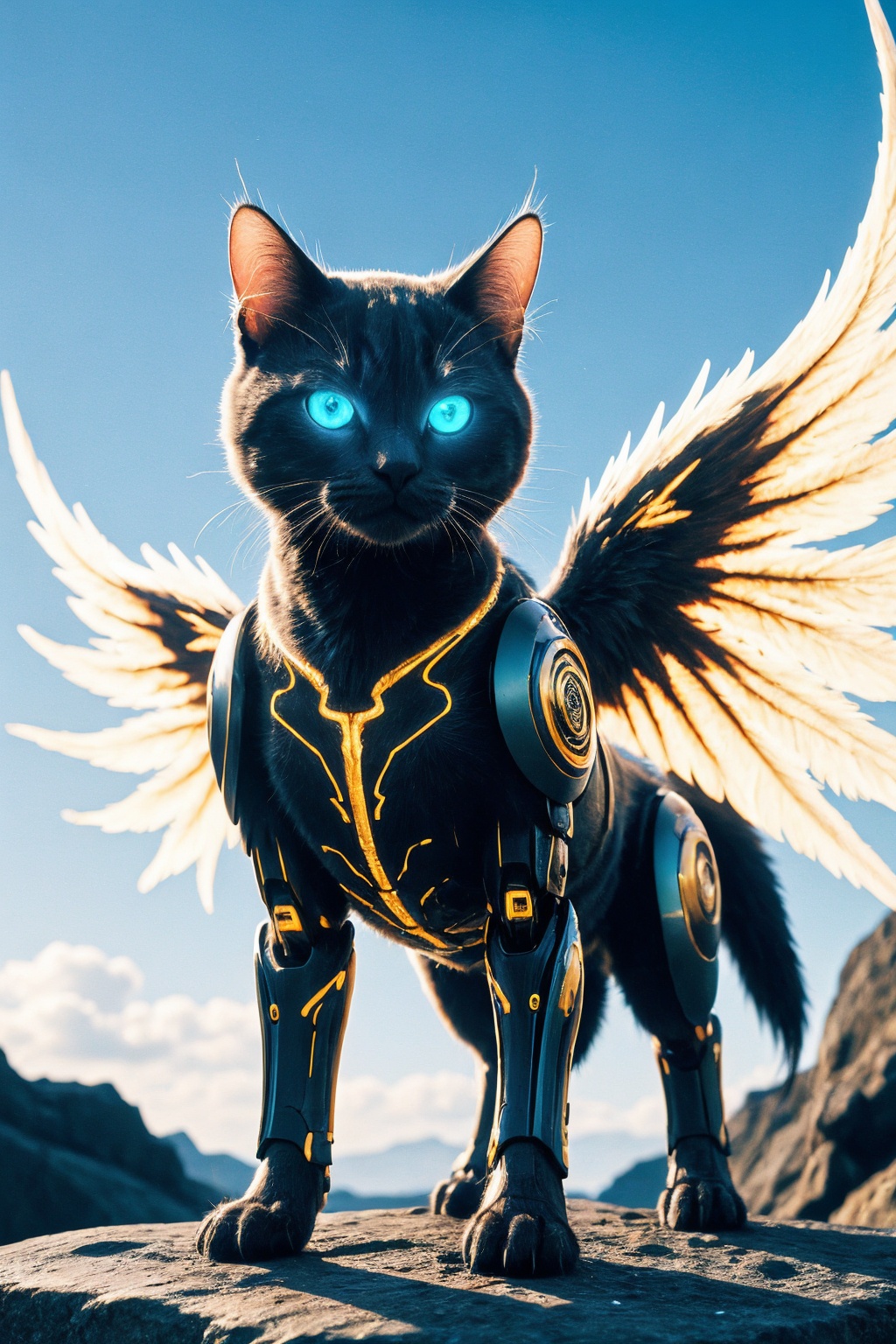 no humans, blue eyes, sky, outdoors, horns, glowing eyes, claws, glowing, cloud, day, wings, standing, blurry, solo, electricity, looking at viewer, blurry background, blue sky, full body, tail, rock, fire, robot, cloudy sky, cat, creature