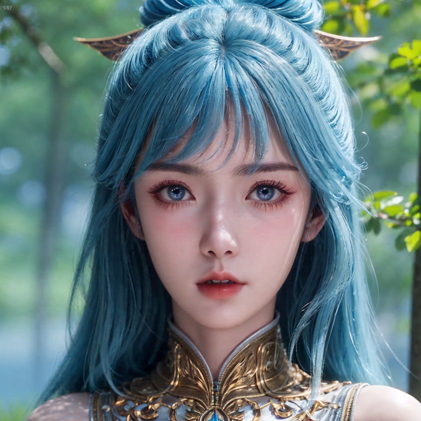 1girl,solo,long hair,bangs,blue hair,hair ornament,blue eyes,shy,lips,dress,looking at viewer,outdoors,day,sky,((glowing)),forest,(scenery),blurry,close-up,Highly detailed,(ultra-detailed),(best quality,masterpiece:1.5),<lora:20240928-1727465731121:0.6>,