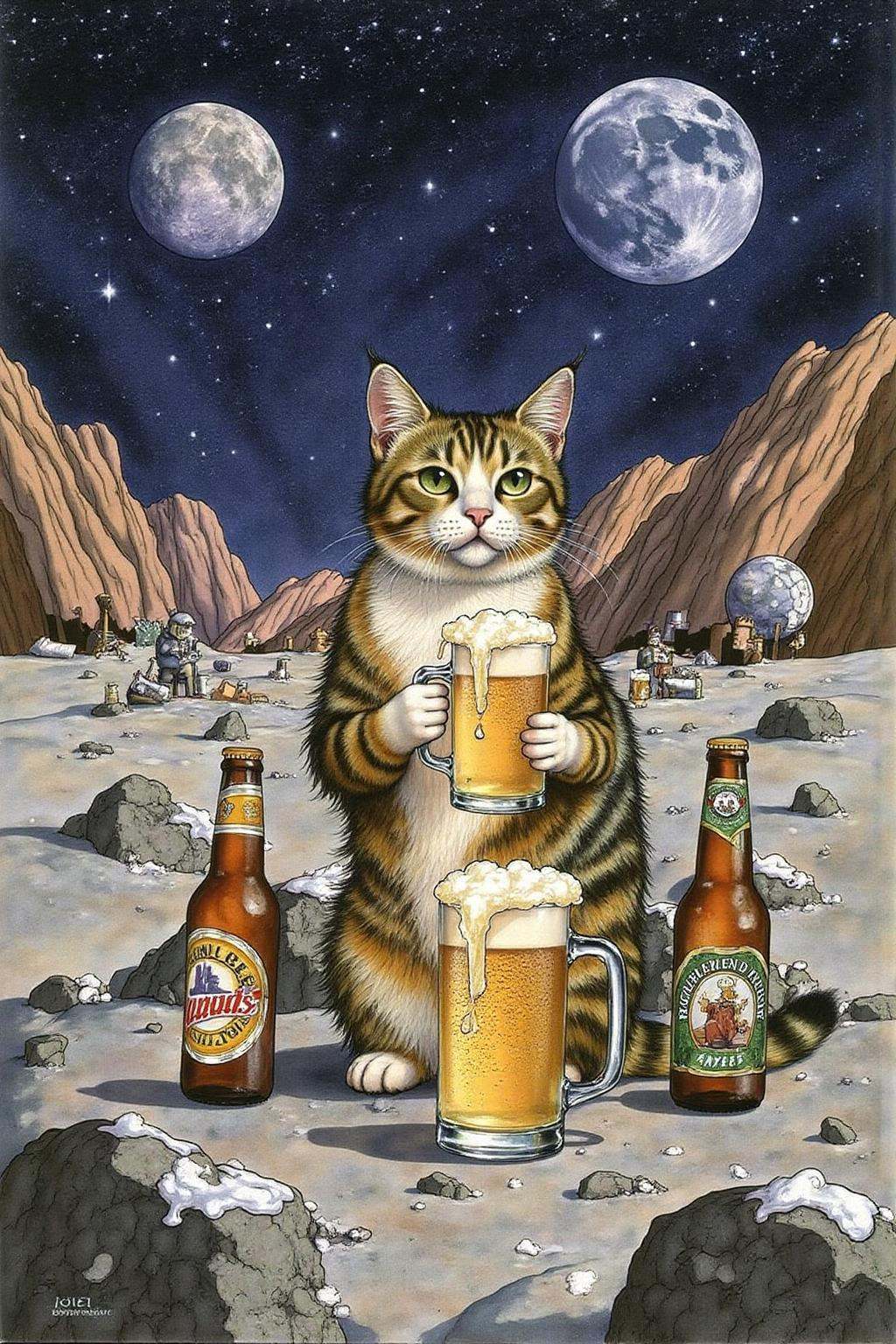 jole1 illustration.A cat enjoying a beer on the lunar surface,  surrounded by empty and full beer bootles. Rocky terrain,...