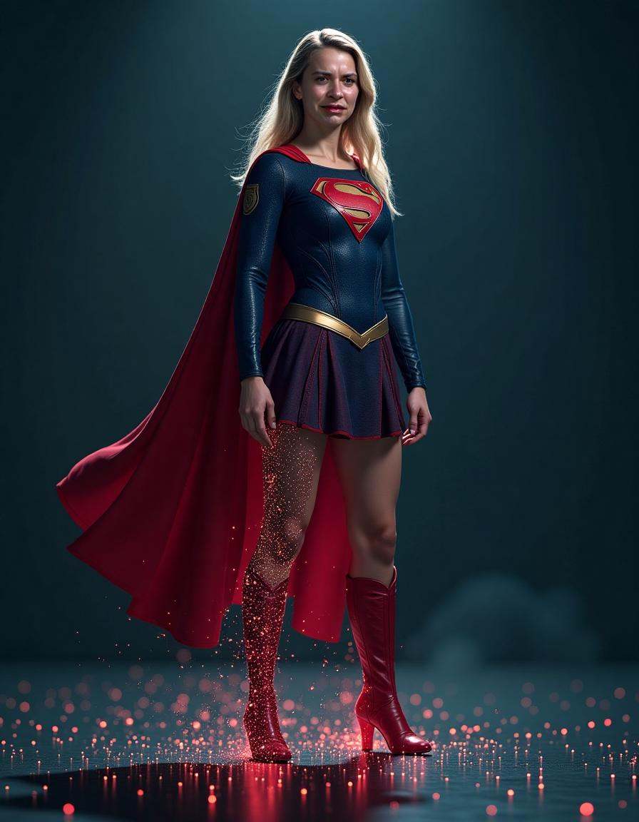 Photorealistic image of supergirl,  standing confidently in a dark,  digital environment on Tensor.Art
