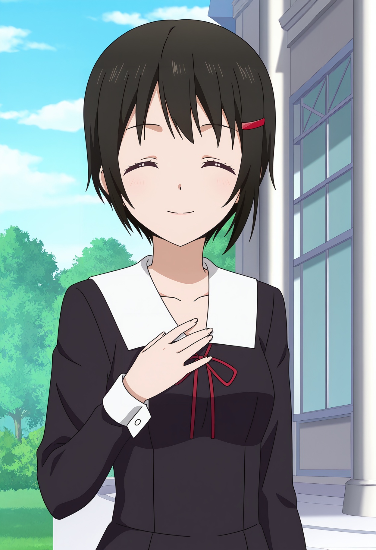 <lora:Nagisa KASHIWAGI_illustrious-000030:1>,Nagisa KASHIWAGI, closed eyes, solo, school uniform, hair ornament, smile, hairclip, red ribbon, hand on own chest, cosplay, outdoors, dress, collarbone, black dress, ribbon, anime screencap