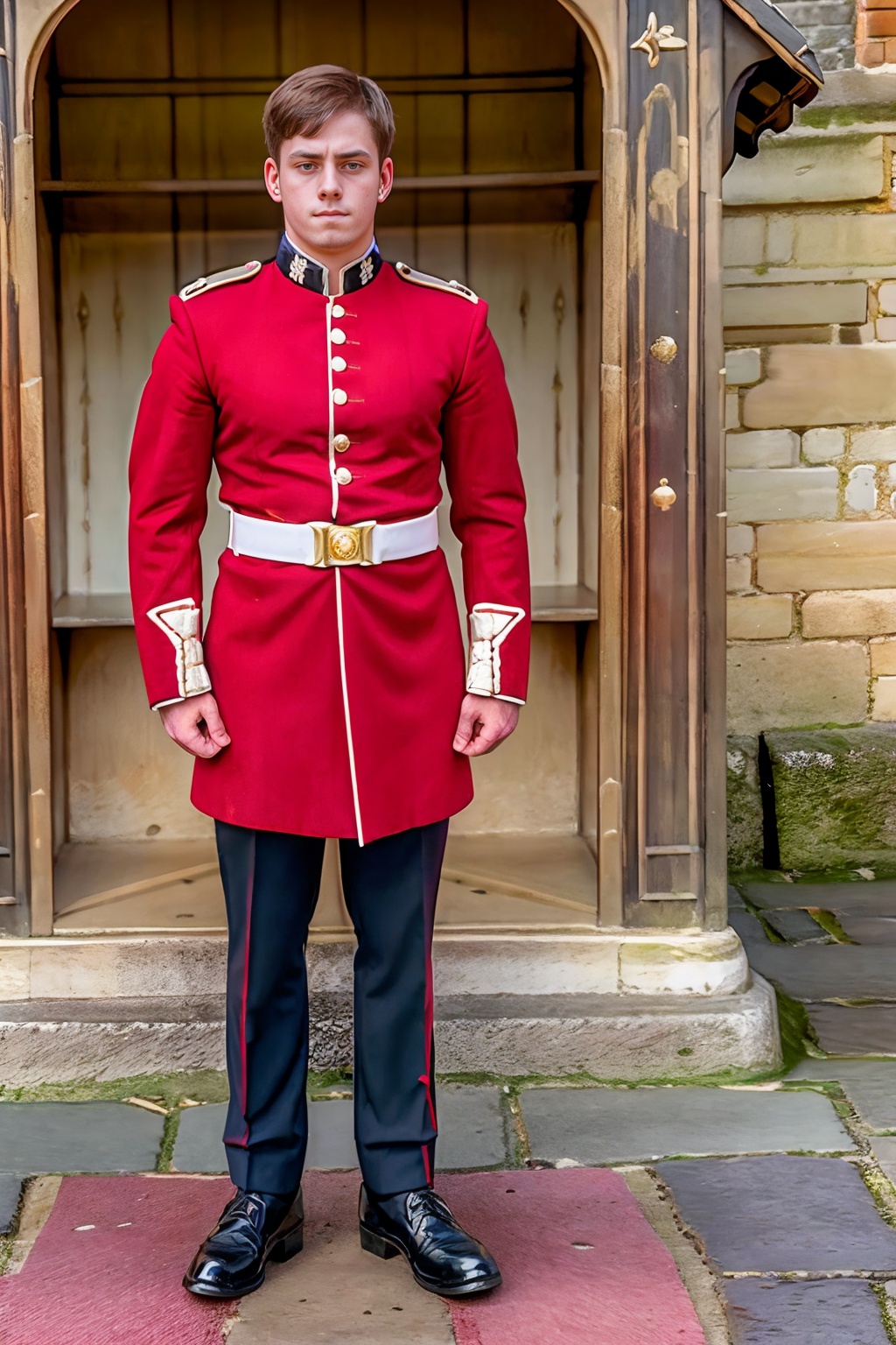 Windsor Castle in the background,  standing next to a guard house,  DeletablePurple wearing (kg_uniform) on Tensor.Art