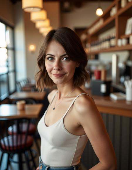 This is an image of a woman,  brown hair bob cut,  standing in a cafe looking at the viewer smiling on Tensor.Art