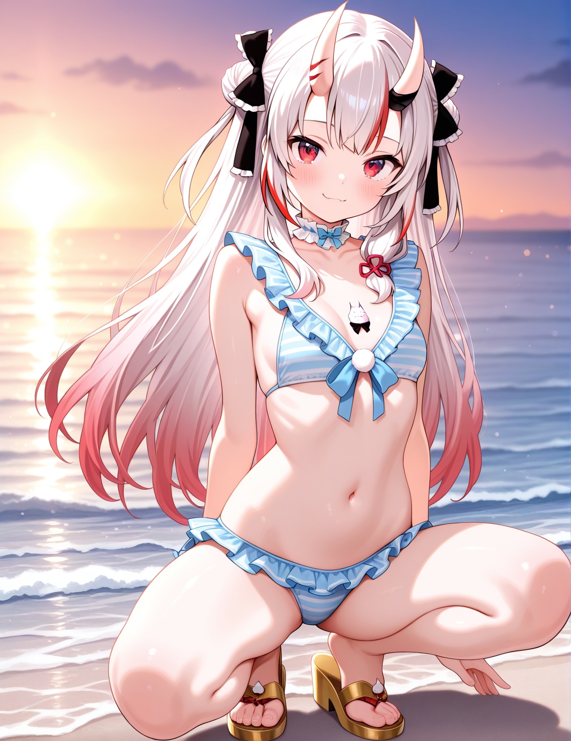 1girl,  beachswimsuit,  frilly bikini top with thin light blue stripes on a white base on Tensor.Art