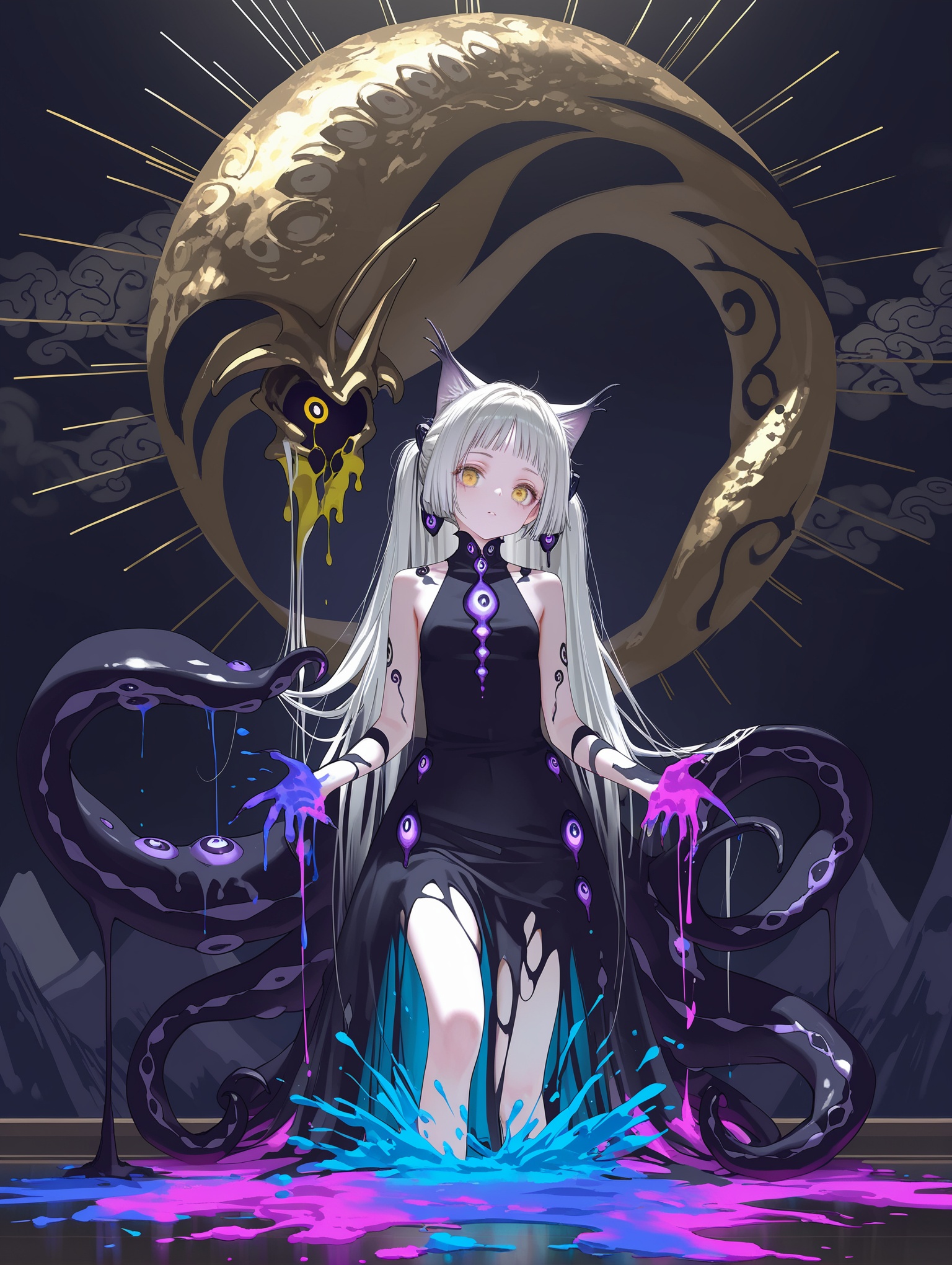 (artist:ningen_mame:0.9),(artist:sho_(sho_lwlw):0.9),(artist:rhasta:0.9),(artist:wlop:0.7),(artist:ke-ta:0.6),(fkey:0.5),(fuzichoco:0.6),artist:chen bin,(artist:hyouuma:0.8),/ (illustration),extremely detailed ,CG ,unity, 8k wallpaper,,(sketch),(wash painting),((color splashing)),((ink splashing)),((((dyeing)))),((Chinese painting)),((colorful))(beautiful and delicate mountain),(solo),(Fantasy creatures),((Chinese black Tentacle girl)),Black markings,(black Tentacle cat),((solo)),beautiful and delicate golden eyes,Huge claws,(the all seeing eyes) Big and strong,Diabolical,Tyrannica,(Shoggoth girl:1.3),,masterpiece,best quality,amazing quality,
