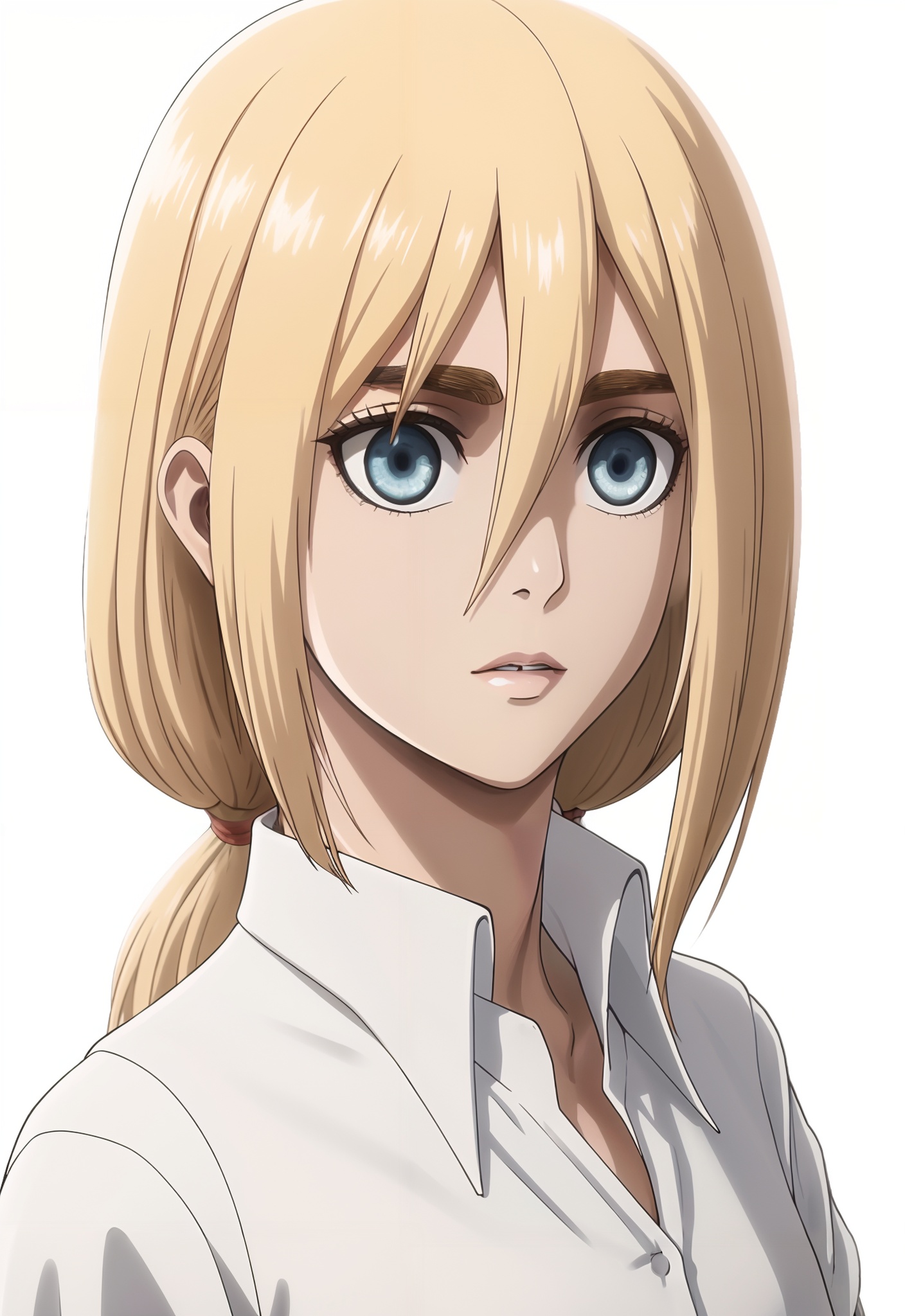 golden hour,highly detailed,ultra-high resolution,32K UHD,sharp focus,best-quality,masterpiece,Emotionalization,with a high-end texture,incredibly absurdres,Cinematic Lighting,<lora:王女-000032:0.6>,wangnv,solo,blonde hair,blue eyes,krista lenz,1girl,looking at viewer,hair between eyes,white background,shirt,ponytail,simple background,white shirt,long hair,collared shirt,light pink lipstick,