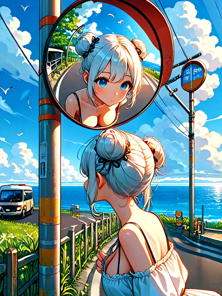 convex mirror,  traffic mirror,  utility pole on Tensor.Art
