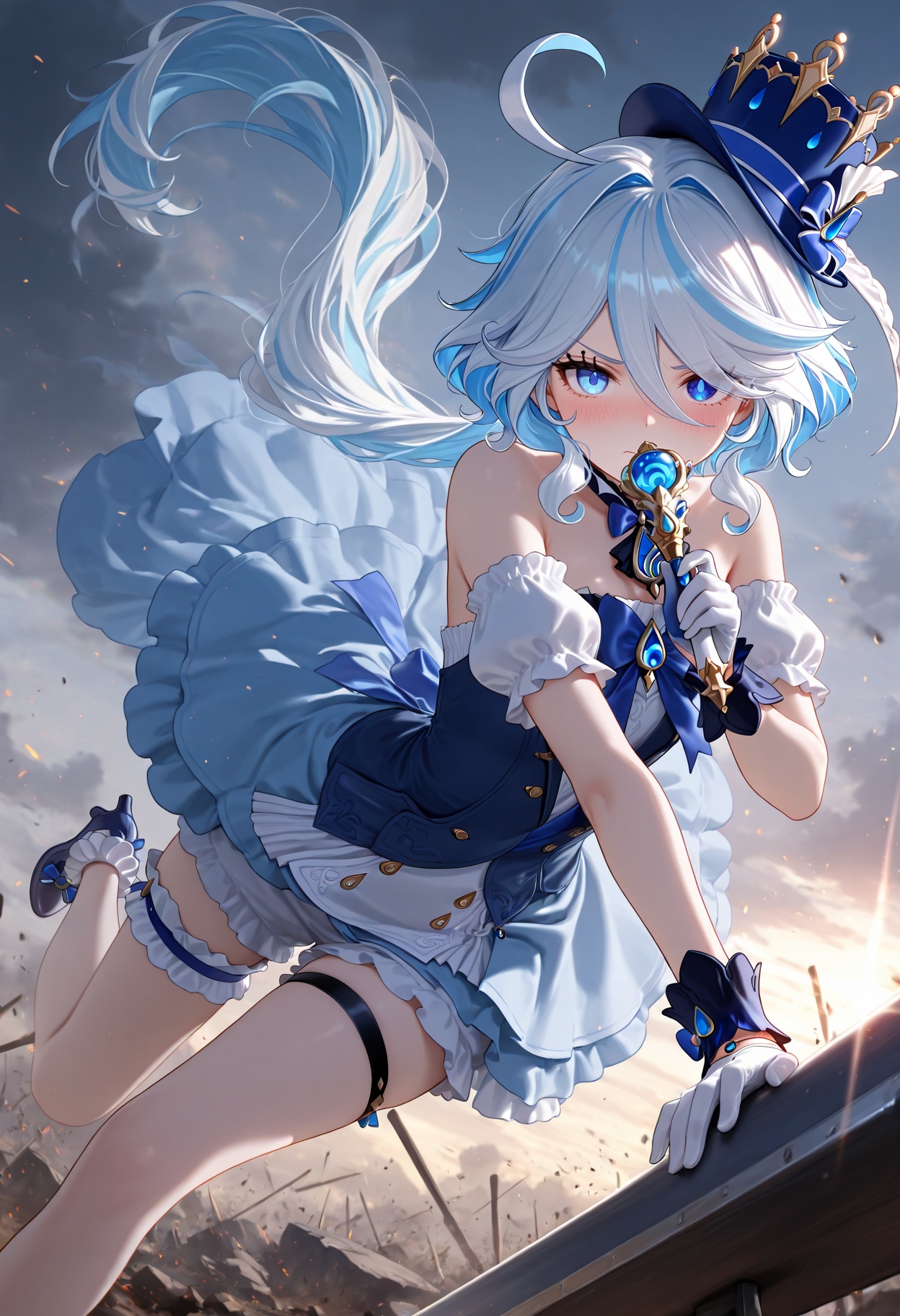 masterpiece,best quality,amazing quality,1girl,solo,furina \(genshin impact\),makeup,general,cowboy shot,looking at viewer,blush,dramatic angle,mid-action,fighting stance,battlefield,holding wand,very shy,angry,furinagen,blue eyes,long hair,bangs,hair between eyes,multicolored hair,two-tone hair,streaked hair,white hair,light blue hair,ahoge,hair scrunchie,hair ornament,magical girl,strapless dress,bowtie,puffy detached sleeves,short sleeves,bare shoulders,gloves,bridal garter,high heels,balance beam,somersault,