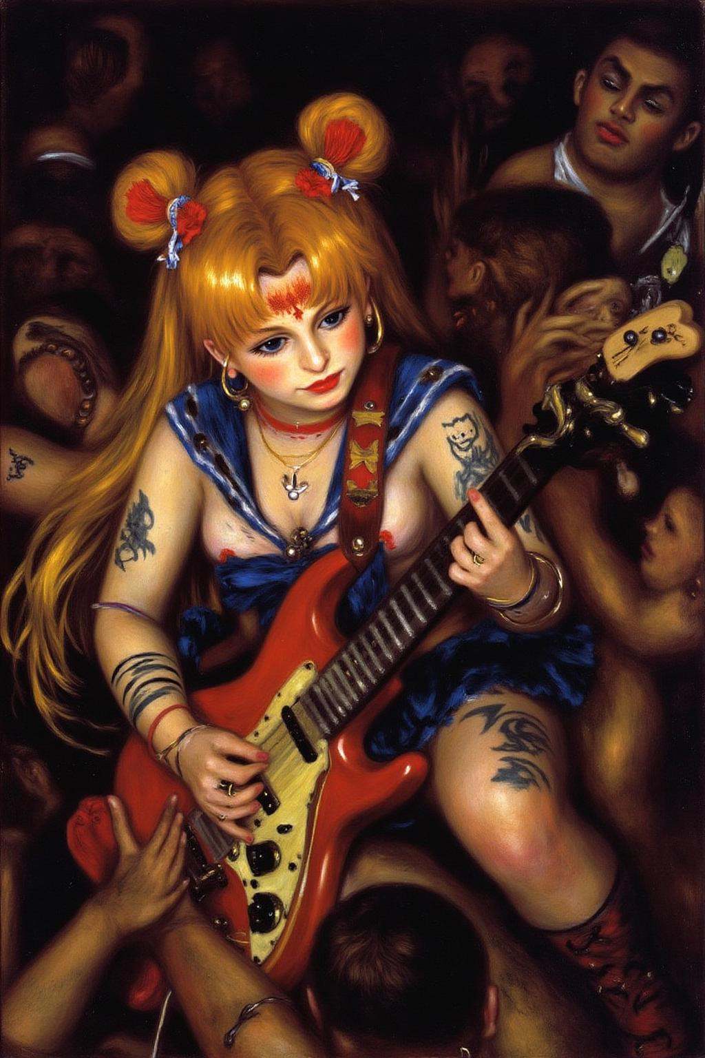 pierreaugusterenoir1 painting. punk sailor moon playing a guitar at a heavy metal mosh pit,  tattoos,  piercing. on Tensor...