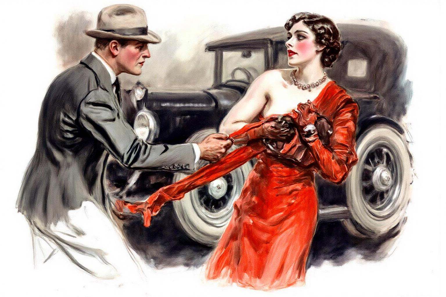 jamesmontgomeryflagg1 illustration.A man in a grey suit and a woman in a red dress in a struggle. On the left is a man,  s...