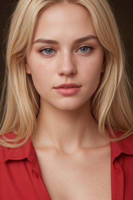 RAW photo,  portrait of a beautiful blonde woman wearing a red shirt ,  8k uhd on Tensor.Art
