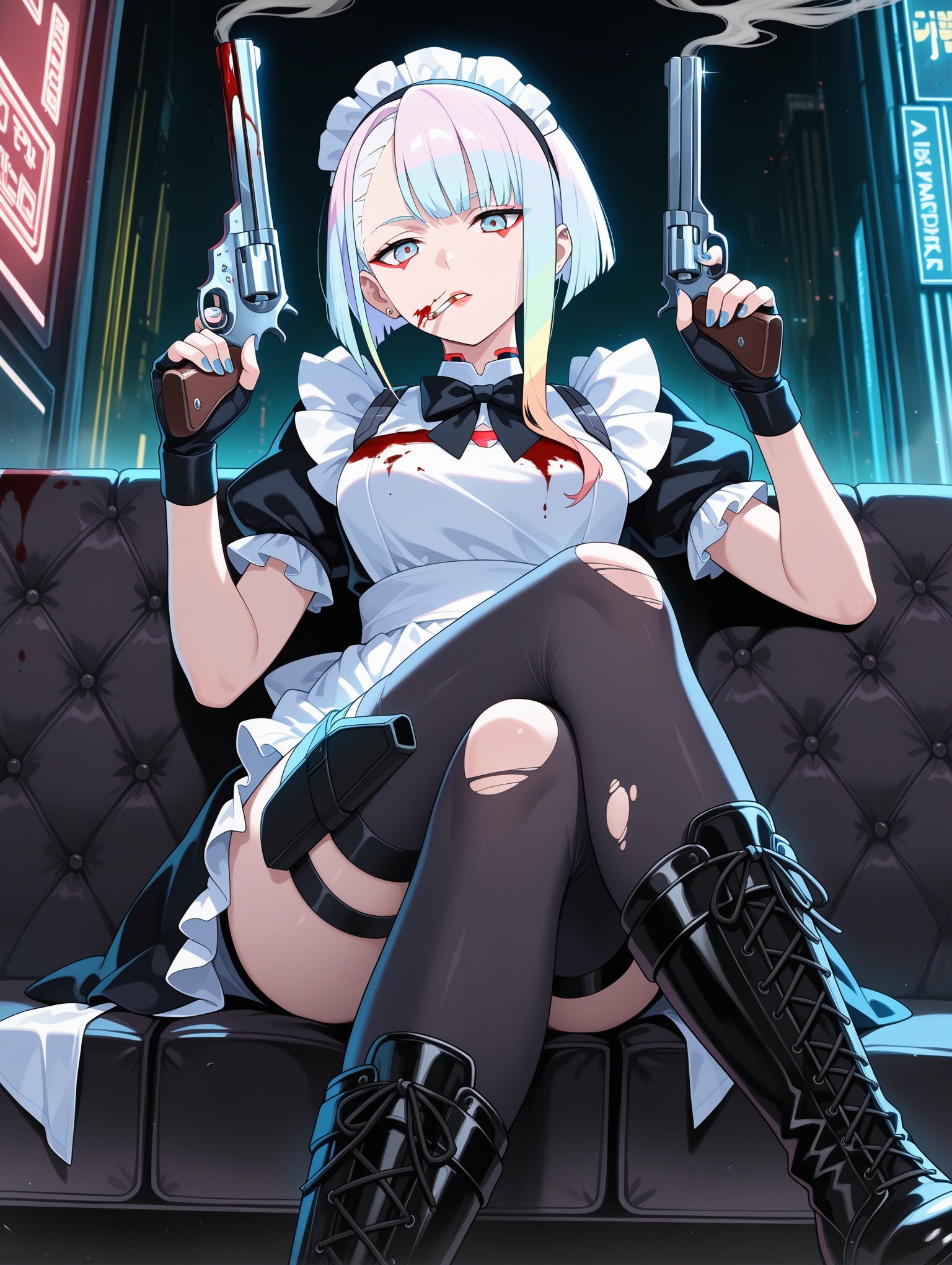 1girl,lucy \(cyberpunk\),cyberpunk \(series\),cyberpunk edgerunners,blood,crossed legs,gun,holding,holding gun,holding weapon,revolver,smoking,solo,torn clothes,weapon,alternate costume,apron,arm garter,asymmetrical sidelocks,black bow,black bowtie,black footwear,black gloves,black thighhighs,blood drip,blood on clothes,blood on face,blood stain,blue nails,boots,bow,bowtie,cigarette,cross-laced footwear,dress,ear piercing,earrings,enmaided,eyeliner,fingerless gloves,frilled apron,frills,gloves,grey headdress,hairband,jewelry,looking at viewer,maid,maid apron,makeup,nail polish,parted lips,piercing,red eyeliner,short hair with long locks,sidelocks,smoke,thigh strap,thighhighs,torn thighhighs,white apron,zettai ryouiki,masterpiece,best quality,amazing quality,