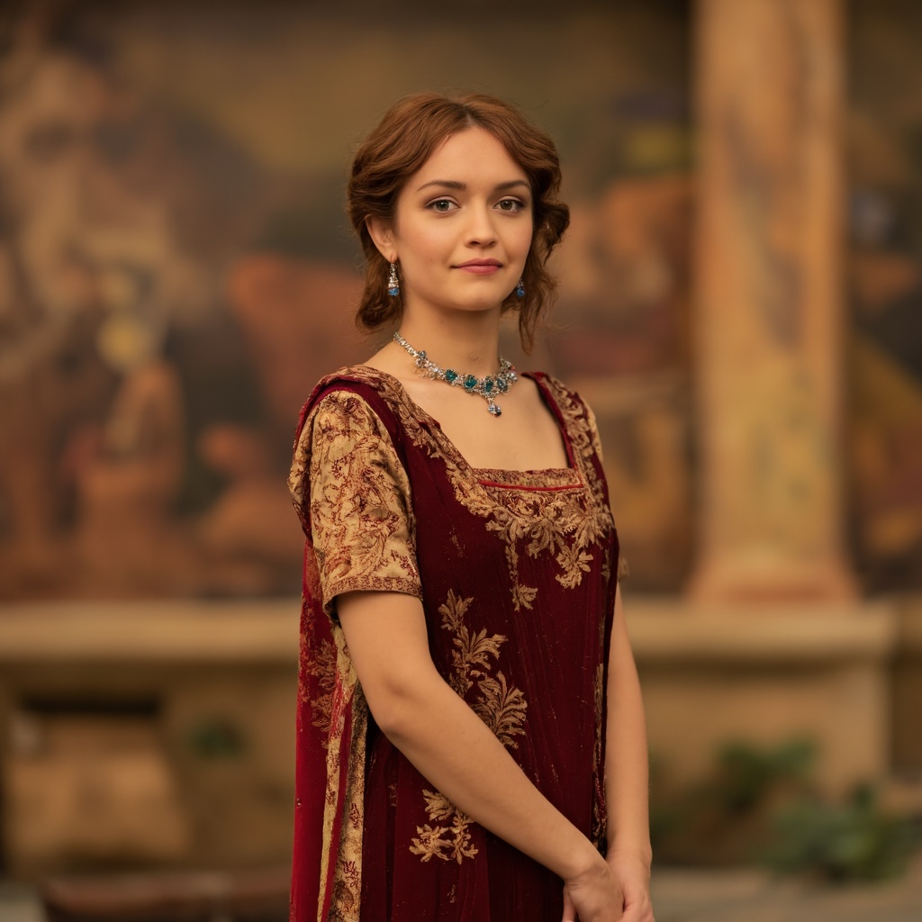 A portrait of olivia_cooke,  captured in a side profile. She wears ornate jewelry: a necklace with blue stones and danglin...