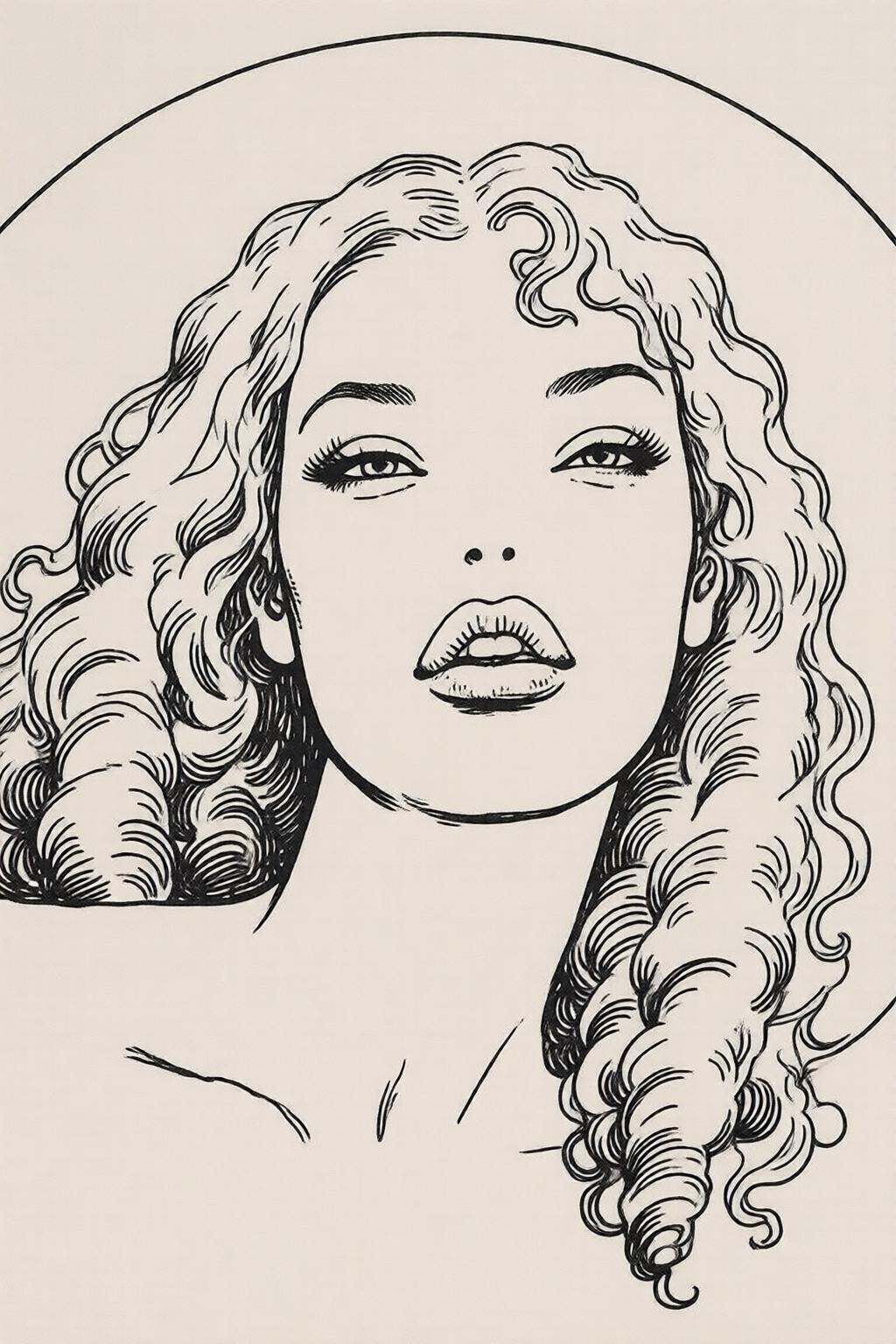 milomanara7q illustration. A black and white drawing of a woman's face. The woman has long curly hair. Her eyes are open a...