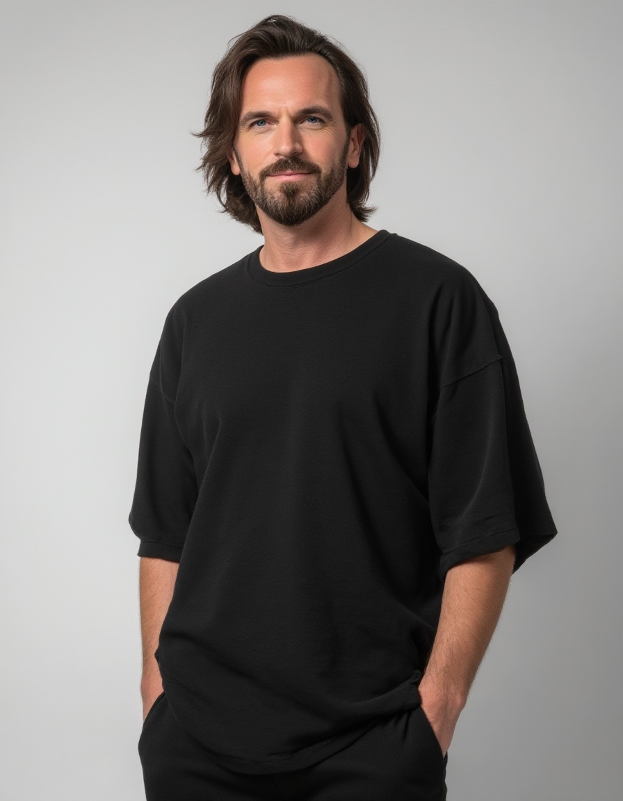 A professional photo of a DJ in an oversized t-shirt,  showcasing a bold streetwear style. The DJ poses confidently in a w...