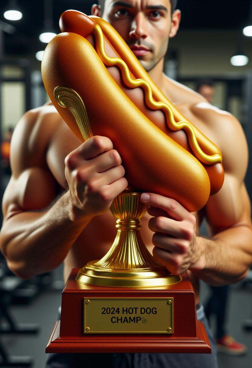 This is a high-resolution photograph featuring a person holding a large,  golden trophy shaped like a golden hot dog and a...