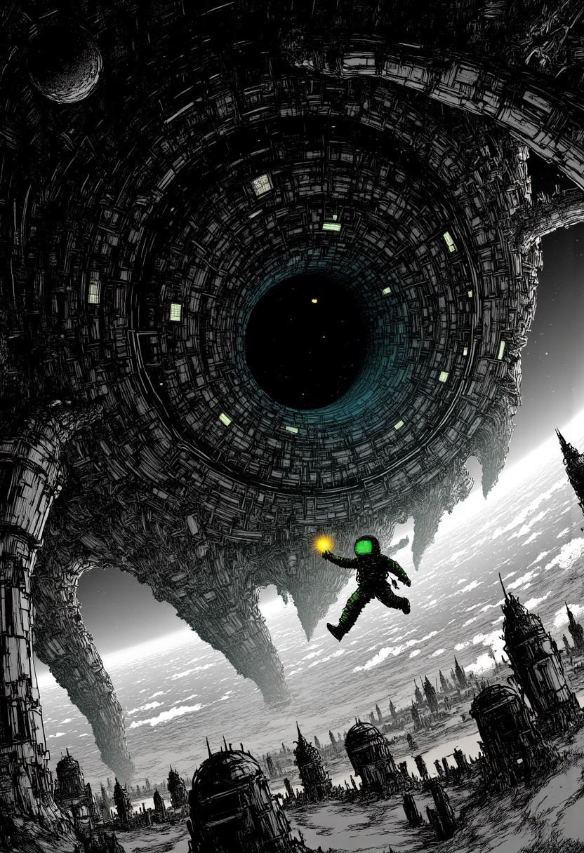 Nistyle,  Drifting silently through the vast emptiness of space,  a lone astronaut hovers weightlessly amidst the wreckage...