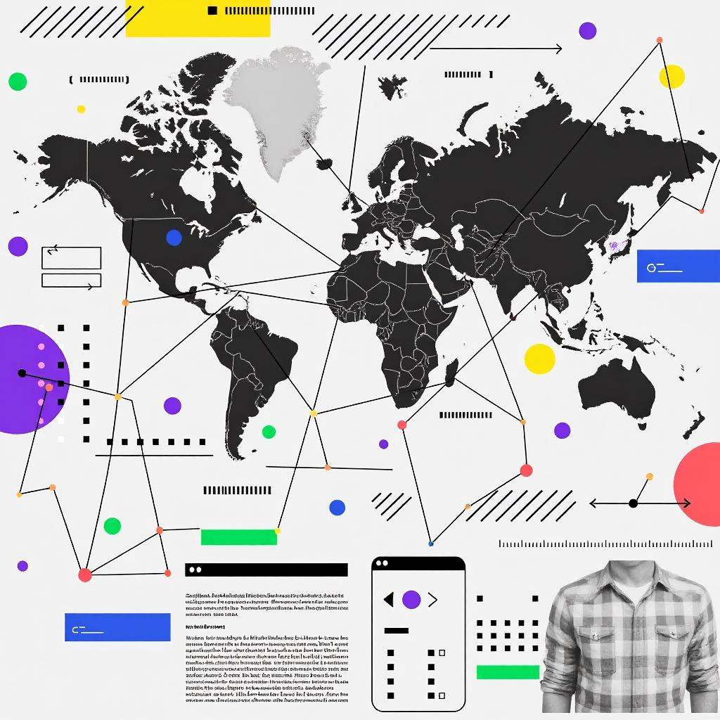 An abstract world map,  contemporary collage art style,  where continents are made from various textures like fabric on Te...