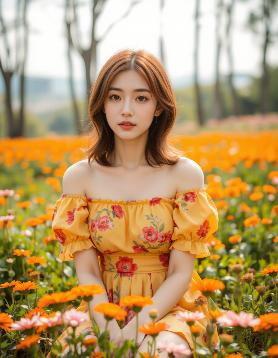 A young asian woman with fair skin and shoulder-length,  wavy auburn hair sits in a field of blooming orange and pink flow...